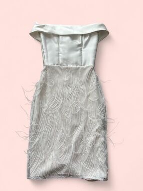 Custom Strapless Feather-Embellished Mini Dress in Ivory size 2